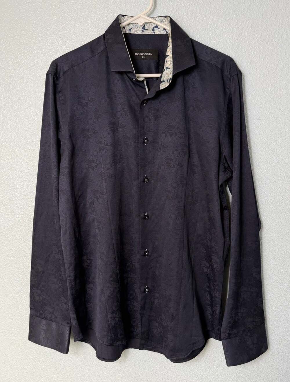 Bogosse Men's 4/L Navy Blue Floral Jacquard Long Sleeve Button Down Dress Shirt